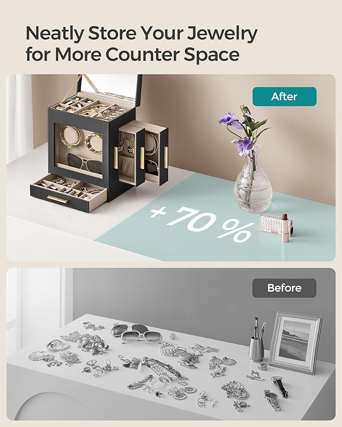 SONGMICS Jewelry Box with Glass Window, 5-Layer Jewelry Organizer with 3 Side Drawers, Jewelry Storage, with Big Mirror, Modern, 5.1 x 7.9 x 9.7 Inches, Ink Black and Metallic Gold UJBC172B01