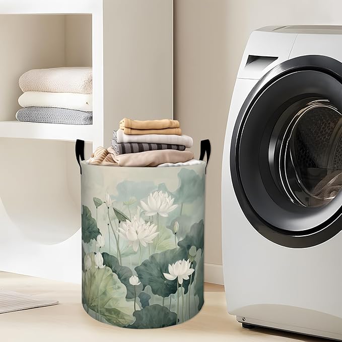 Elegant White Lotus Green Leaves Laundry Basket with Handles, 19.7"x15.7" Clothes Foldable Laundry Hamper Organizer for Dorm Nursery Bedroom Bathroom Decor, Toy Storage Bin for Kids