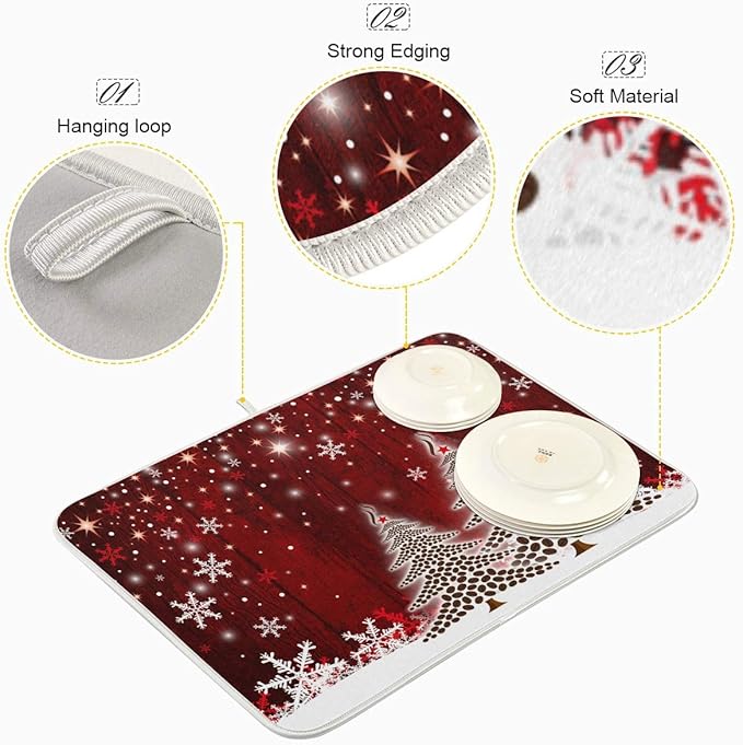 Christmas Tree Dish Drying Mat 16x18 inch Xmas New Year Snowflake Wooden Dish Drainer Kitchen Counter Mats Bottles Dish Dry Pad Protector for Kitchen Countertops