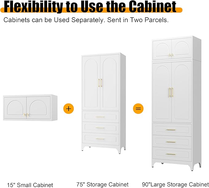 Metal Storage Cabinet with Doors and Shelves, 90" Tall Kitchen Pantry Storage Cabinets with 3 Drawer, White Pantry Closet, Steel Large Cupboard, High Leveling Feet- Assembly Required