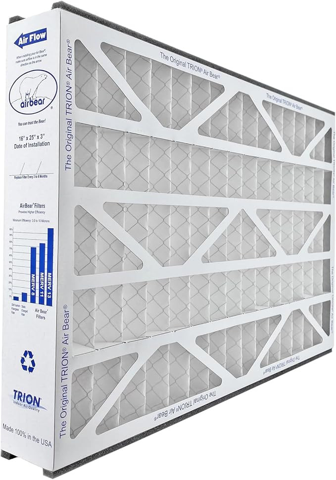 16x25x3 TRION Air Bear Cub Pleated HVAC Air Filter MERV 8 (3-Pack) (Actual Size: 15.75 x 24.75 x 3.06 Inches)