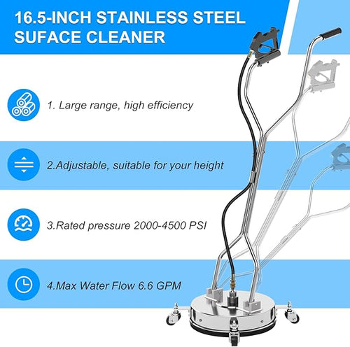 16.5" Pressure Washer Surface Cleaner with 304 Industrial-grade Stainless Steel Housing, Dual Handle, Driveway Pressure Washer Attachment, 2 Replacement Nozzles, for Concrete, Sidewalk, Deck, 4500 PSI