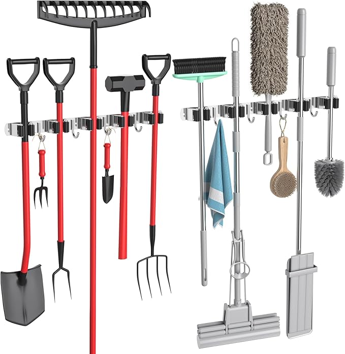 2 Pack Broom Holder Wall Mount Mop and Broom Hanger Broom Organizer Storage Tool Racks Stainless Steel Heavy Duty for Kitchen Garden Laundry Garage (5 Racks with 4 Hooks)