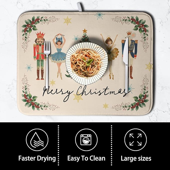 Merry Christmas Nutcracker Dish Drying Mat for Kitchen Counter 18x24 Inch Winter Xmas Tree Snowflakes Drying Mats Microfiber Absorbent Dish Drainer Washable Dish Rack Pad for Sink Coffee Bar
