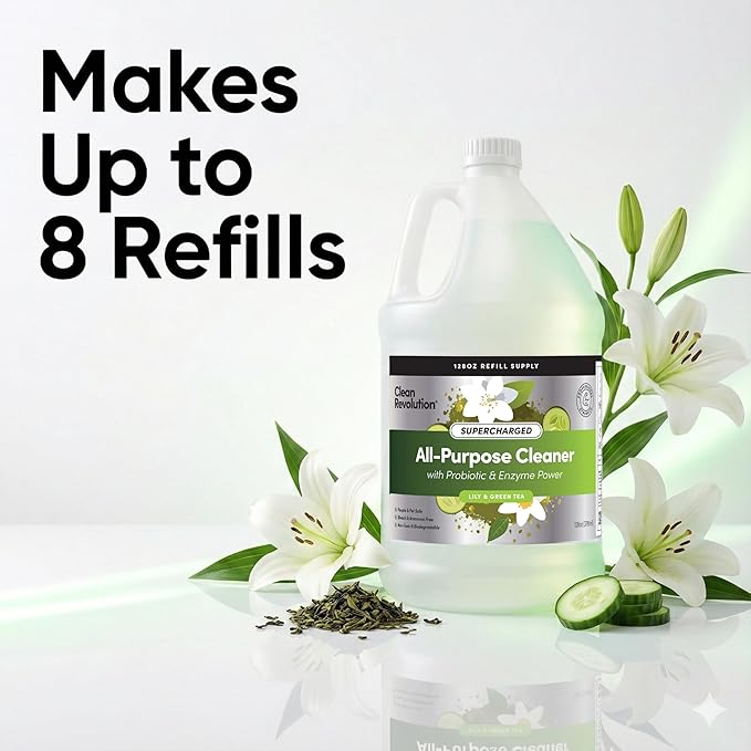 Clean Revolution SuperCharged All Purpose Cleaner Refill with Smart Probiotic + Enzyme Complex, Multi-Surface Kitchen Bathroom & Floor Cleaner, Lily & Green Tea, 128 Fl Oz