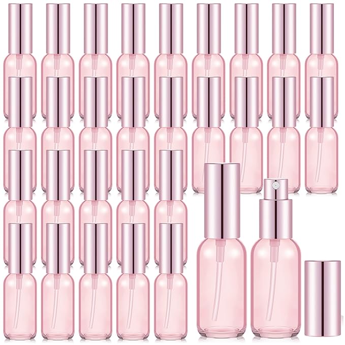 Roshtia 30 Pcs 1 Oz/ 30 ml Pink Glass Spray Bottle Refillable Perfume Atomizer Clear Decorative Empty Bottles with Fine Mist Sprayer Pump for Face Body Travel