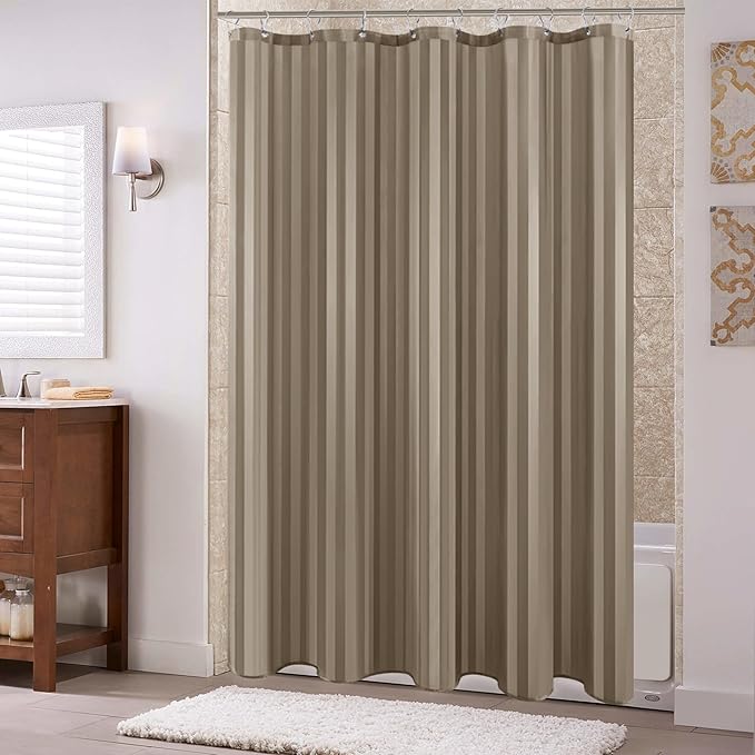 Biscaynebay Fabric Shower Curtain or Liner 72" by 72", Taupe Water Repellent Damask Stripes Bathroom Curtains Machine Washable