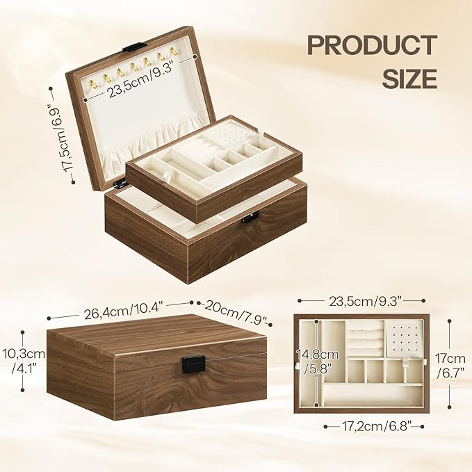 HOOBRO Wooden Jewelry Box for Women Girls, 2-Tier Jewelry Organizer with Removable Tray, Jewelry Storage Case with Clasp, for Necklace, Ring, Bracelet, Watch, Walnut BH29JB04