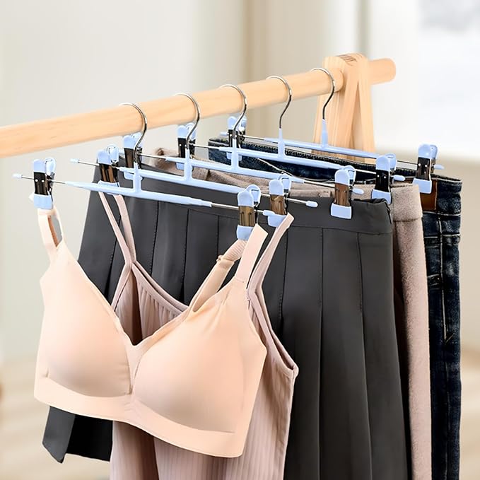 POZEAN Pants Hangers with Clips 50Pack, 12Inch Adjustable Skirt Hangers for Women, Space Saving Non-Slip Hangers for Shorts, Jeans, Coat, Kids' Clothes (Blue, 50Pack)