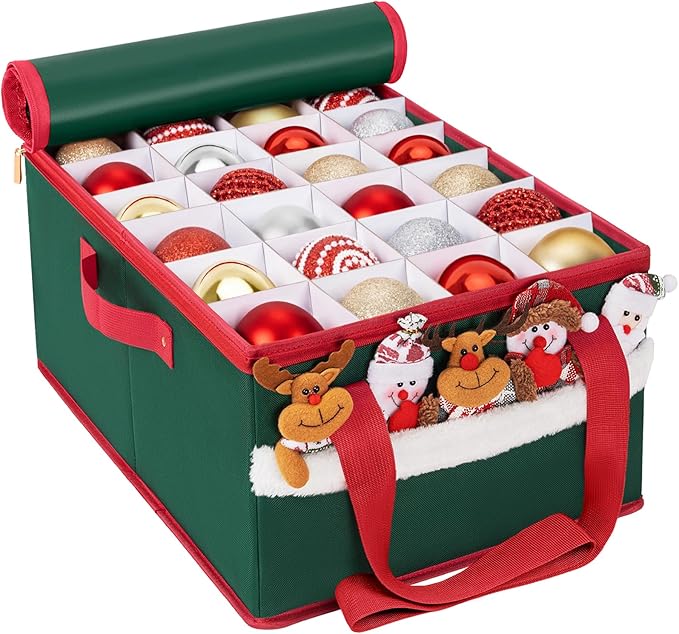 Christmas Ornament Storage Box Holiday Ornaments Storage Container Bin Zippered Top Ball Storage with Adjustable Dividers Holds 72 Ornaments (3 Inch) Green