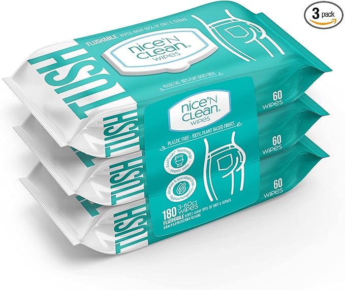 Nice 'N Clean Adult Flushable Wipes (3 x 60 Count) | Personal Cleansing Wipes Made from Plant-Based Fibers | Infused with Aloe & Vitamin E
