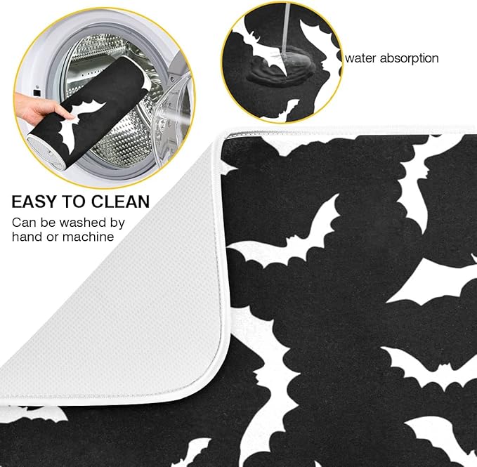Black Bats Dish Drying Mat 16x18 for Kitchen Counter Happy Halloween Spooky Boo Dishes Pad Absorbent Fast Dry Dish Draining Mats Medium Kitchen Accessories