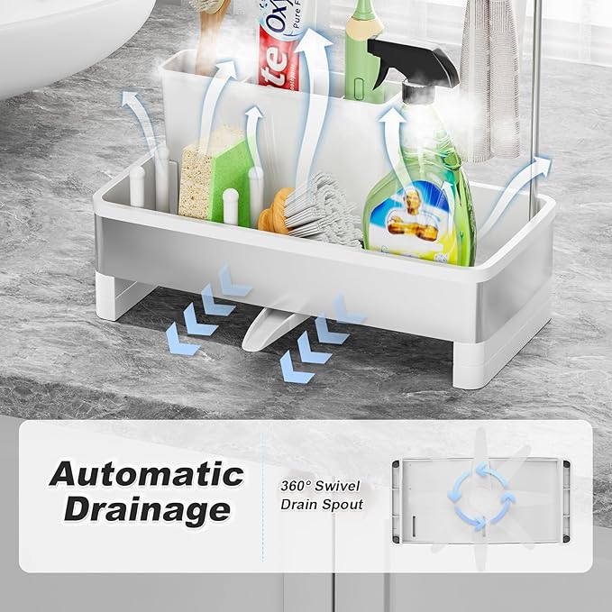 Ewaiira Stainless Steel Sink Caddy, Sponge Holder for Kitchen Sink with Brush Holder & Dishcloth Rack, Rustproof Sink Organizer Countertop, Kitchen Organizers Storage Essentials (E-White)