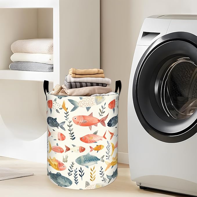 Colorful Fish and Seaweeds Laundry Basket with Handles, 19.7"x15.7" Clothes Foldable Laundry Hamper Organizer for Dorm Nursery Bedroom Bathroom Decor, Toy Storage Bin for Kids