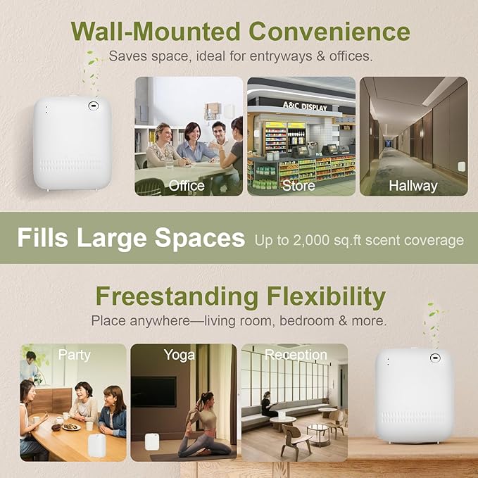Waterless Diffuser,Wireless Essential Oil Battery Operated,2000 Sq Ft,Safety Lock,Quiet,Bluetooth App,Hotel Home Collection Scent Machine - White