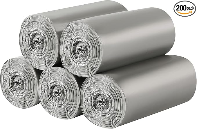 5 Rolls Small Trash Bags - 200 Counts Durable 4 Gallon Small Garbage Bags for home office kitchen Bathroom Bedroom Trash Can liners（Silver）