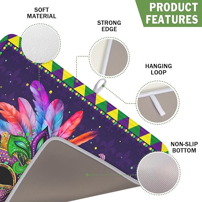 Wnoesat Mardi Gras Dish Drying Mat for Kitchen Counter Masquerade Mask Feather Dishes Drying Mat Microfiber Absorbent Reusable Washable Dishes Drainer Rack Mats 16x18 Inch
