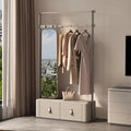 Free-Standing Clothes Rack 43IN (2 Drawers) (Metal Hanging Rod Hook) Full-Length Mirror, Beige Dress Up Closet Organizer