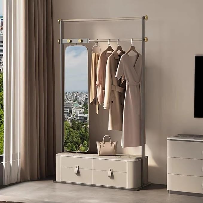 Free-Standing Clothes Rack 43IN (2 Drawers) (Metal Hanging Rod Hook) Full-Length Mirror, Beige Dress Up Closet Organizer