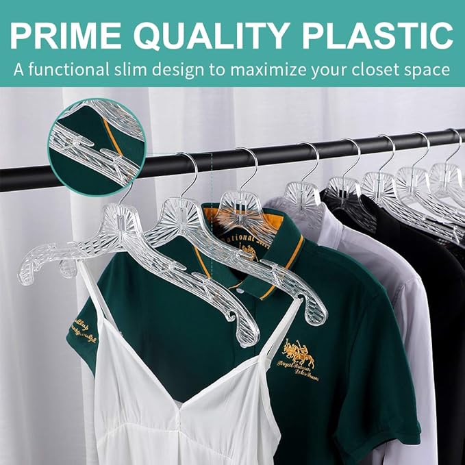 Crystal Clear Plastic Hangers - 20 Pack, Non-Slip, Heavy Duty, Open Notch Shirt & Dress Hangers with Diamond Crystal Cut Pattern