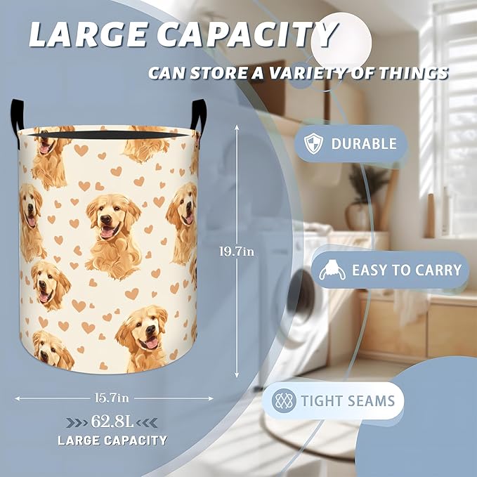 Cute Golden Retrievers with Hearts Laundry Basket with Handles, 19.7"x15.7" Clothes Foldable Laundry Hamper Organizer for Dorm Nursery Bedroom Bathroom Decor, Toy Storage Bin for Kids