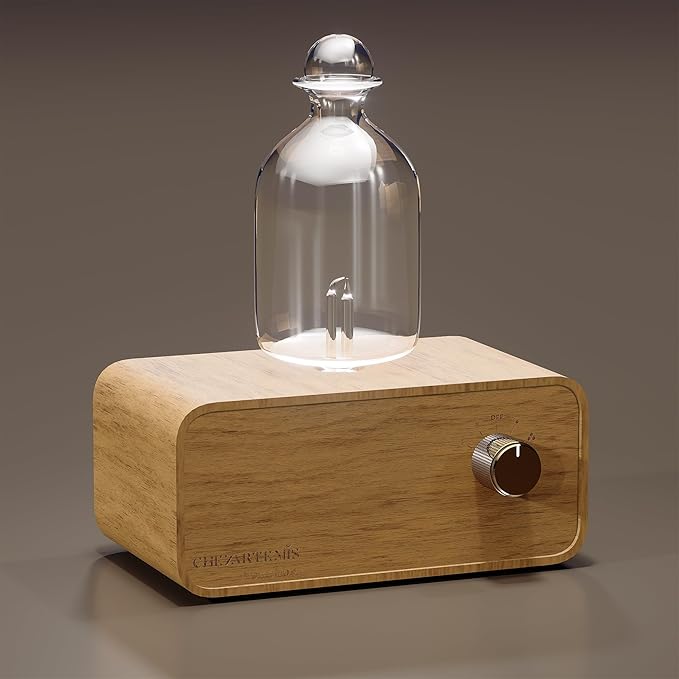 Aria Retro Glass Essential Oil Diffuser with Wood Base for Aromatherapy, Waterless Scent Diffuser for Essential Oil, Fragrance Oil, Perfume, Cordless Mini Oil Diffuser with 4 LED & Timer, Ideal Gift