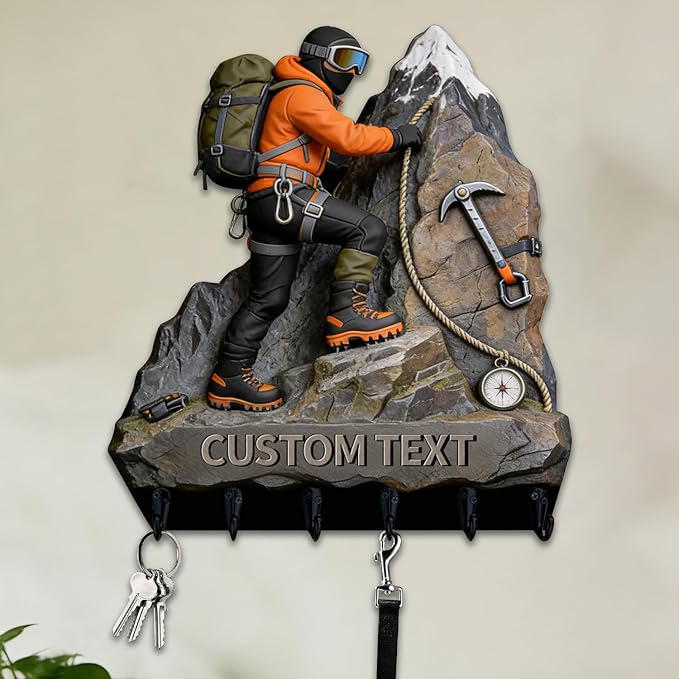 Personalized Name Climber Wall Hooks for Men Women Couple Family Mountaineering Enthusiasts Custom 2D Flat Print Mountaineer Themed Key Holder Mountain Theme Key Rack for Living Room Hallway Office
