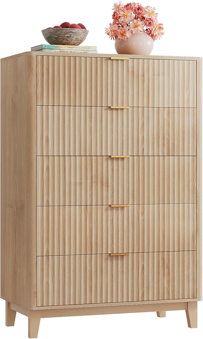 WLIVE Fluted Dresser for Bedroom with 5 Drawers, 46.26" Tall Wooden Dresser with Golden Metal Handles, Mid Century Modern Chest of Drawers for Living Room, Hallway, Closet, Natural Oak