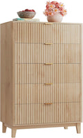 WLIVE Fluted Dresser for Bedroom with 5 Drawers, 46.26" Tall Wooden Dresser with Golden Metal Handles, Mid Century Modern Chest of Drawers for Living Room, Hallway, Closet, Natural Oak