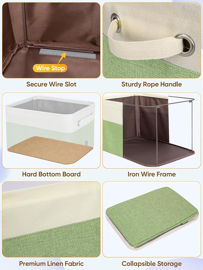 BALEINE 3 Pack Fabric Storage Bins for Shelves, Linen Storage Baskets for Organizing, Decorative Closet Bins for Clothes, Home (Green, 17''x13''x10.5'')