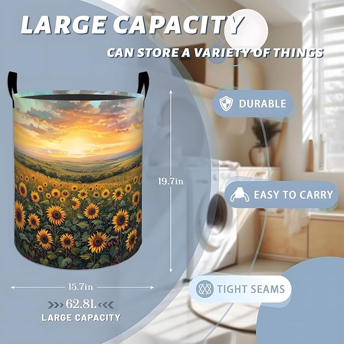 Golden Sunflower Sunset Field Laundry Basket with Handles, 19.7"x15.7" Clothes Foldable Laundry Hamper Organizer for Dorm Nursery Bedroom Bathroom Decor, Toy Storage Bin for Kids
