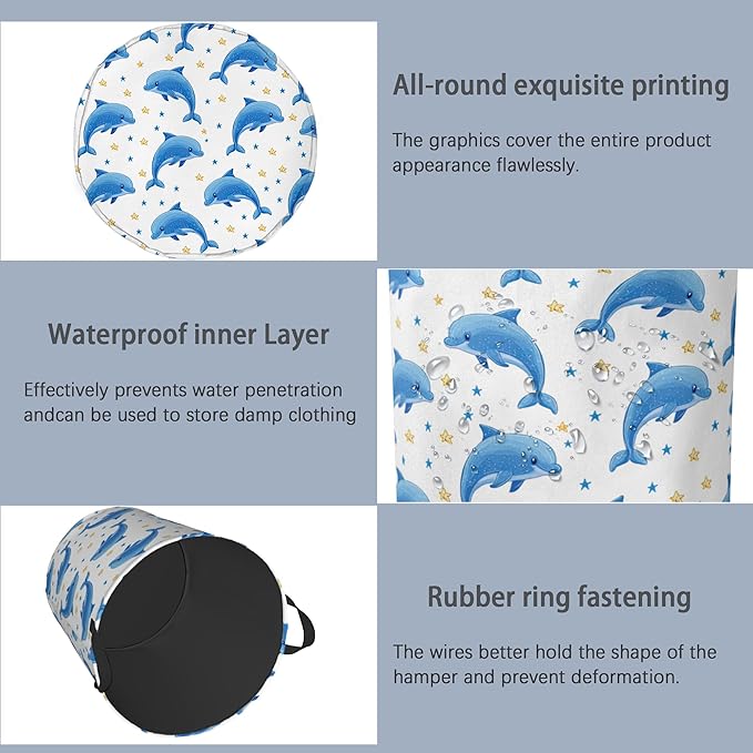 Cute Dolphins Laundry Basket,Stars Foldable Oxford Cloth Tote Bag Laundry Hamper Clothes Storage Bucket Organizer for Bedroom Laundry Storage Dormitories 16" x 20.8"