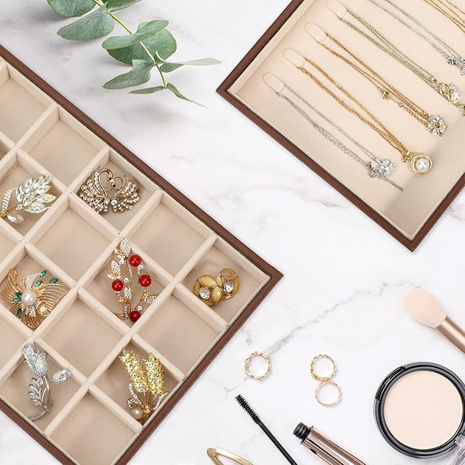 Voova Stackable Jewelry Organizer Tray with Lid, PU Leather Jewelry Storage Holder for Drawer Inserts, Jewellery Display Box Case for Earring Necklace Ring Watch Bracelet (Set of 4, Caramel Brown)