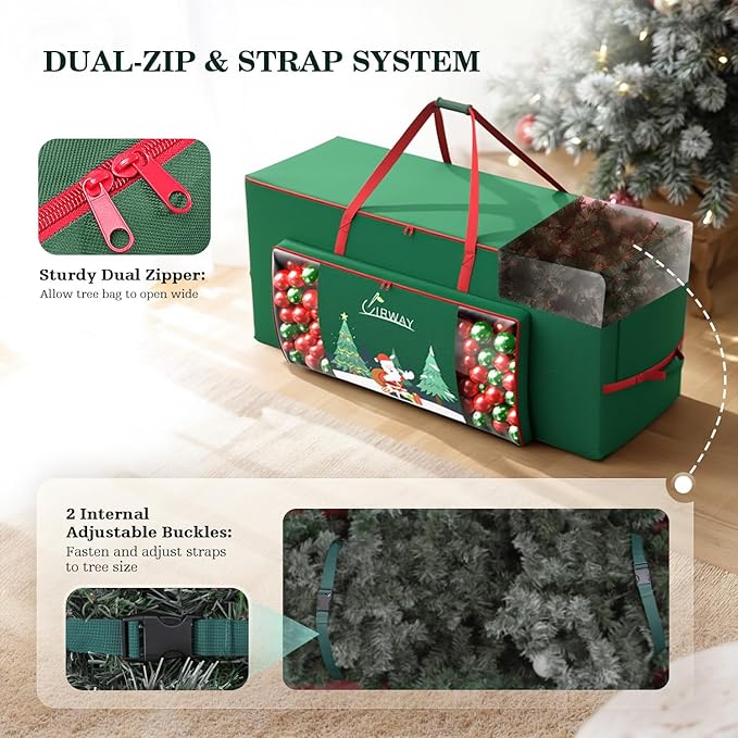UIRWAY Christmas Tree Storage Bag- Fit for 9ft Artificial Trees, 600D Oxford Christmas Tree Bag with Transparent Pouch & Side Pocket, Extra Large Tree Bags with Sturdy Handles & Dual Zipper, Green