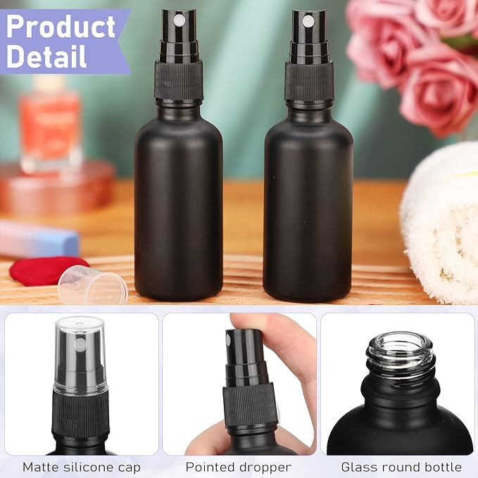 Nuogo 100 Pcs 2 Oz Glass Spray Bottles, Fine Mist Spray Bottle Refillable Cosmetic Bottles Empty Small Bottle with 10 Droppers, 5 Funnels, 2 Brushes for Essential Oil Cleaning Solutions(Black)