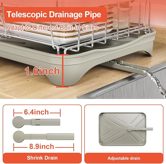 HOMEAILIE 2-Tier Dish Drying Rack for Kitchen Counter, 304 Stainless Steel Dish Rack with Adjustable Drainboard, Removable Utensil Holder & Water Tray, Grey