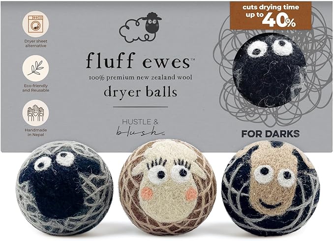 Hustle & Blush Fluff Ewes Wool Dryer Balls 3 Pack - Extra Large Darks Premium Hand Needled New Zealand Laundry Set, Reduces Drying Time, Static Control, Chemical Free Reusable for Essential Oils