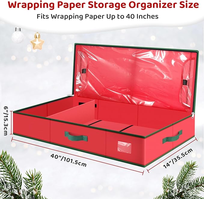 BlessedSeason Wrapping Paper Storage Organizer for 40 Inch Christmas Gifts Wrapping Paper, 2 Visible Supplies Pockets for Holiday Accessories, Christmas Decoration Storage Containers, Red