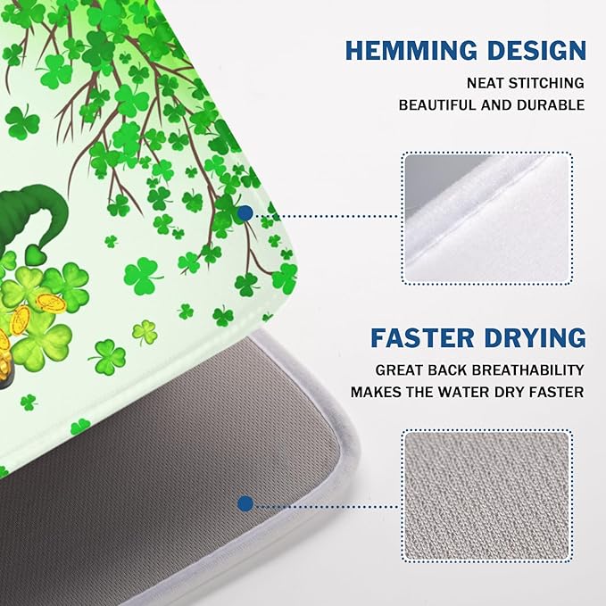 Kwlegh St Patrick's Day Shamrock Dish Drying Mat for Kitchen Counter Green Gnome Truck Dish Dry Mat St Patrick Spring Drying Mats Microfiber Absorbent Dish Drainer Rack Mat Large 18x24 Inch