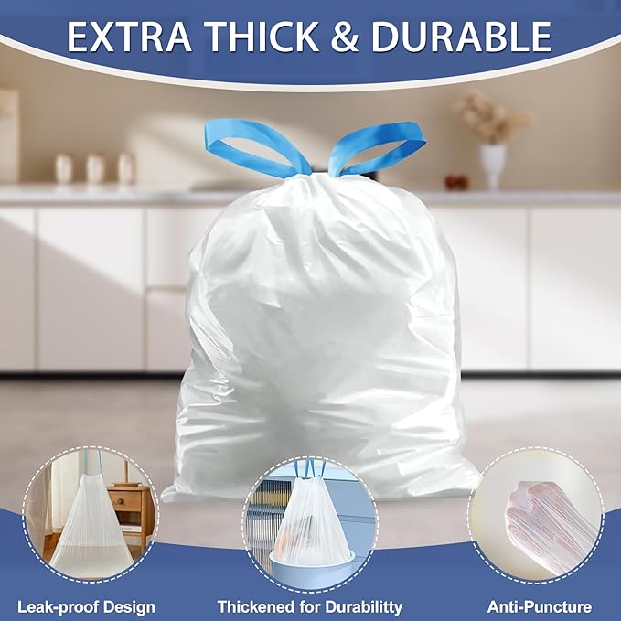 T.FORING 150 Count 1.2 Gallon Trash Bags Drawstring - Strong Mini Garbage Bags Unscented,4.5 Liter White Wastebasket Can Liners for Home Bathroom Office Car