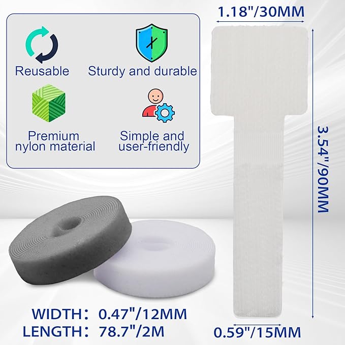 Rierdge Cable Management Kit - 40 Heavy-Duty Self-Adhesive Hook & Loop Ties with 2 Extra-Long Extension Straps for Desk, Home Office & Workshop (White & Gray)