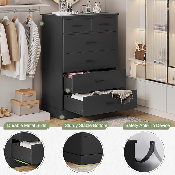 Hasuit Black Dresser for Bedroom, 6 Drawers Dresser Wood Storage Tower Clothes Organizer, Chest of 6 Drawers, Large Capacity Storage Cabinet, Tall Dressers for Bedroom, Hallway, Entryway
