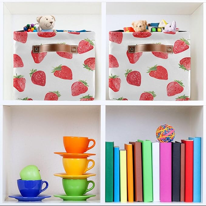 ALAZA Watercolor Strawberry White Foldable Storage Box Storage Basket Organizer Bins with Handles for Shelf Closet Living Room Bedroom Home Office 2 Pack