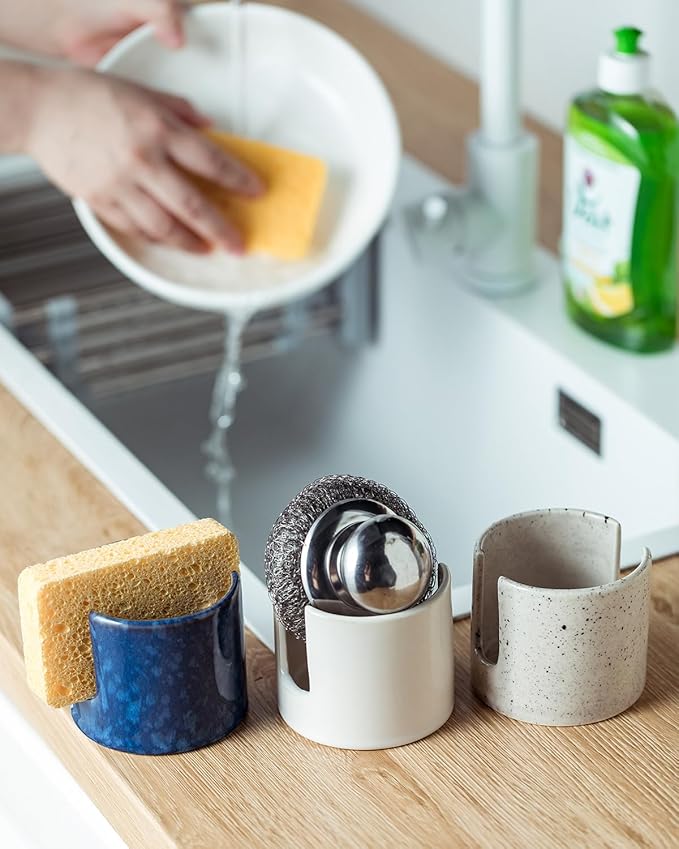Zoeeker Kitchen Sponge Holder, Ceramic Sponge Organizer Scrubby Holder Sink Caddy Dish Rack for Kitchen and Bathroom, Farmhouse Decor, Blue