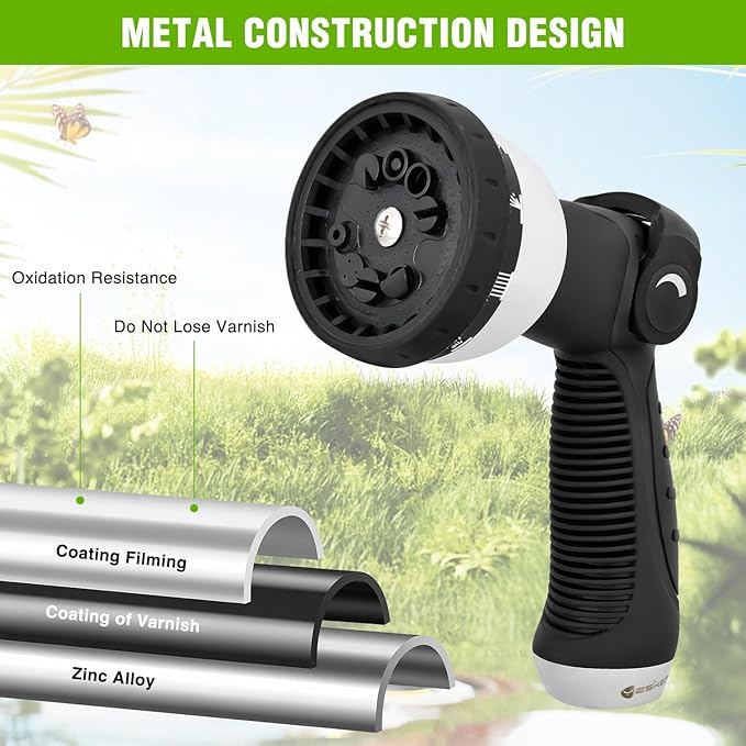 Yesker Garden Hose Nozzle Water Hose Sprayer Nozzle Adjustable 10 Spray Patterns Heavy Duty Metal Nozzles Thumb Control w Non-Slip Grip for Outdoor Watering Plants Lawn Washing Car Pets, Black