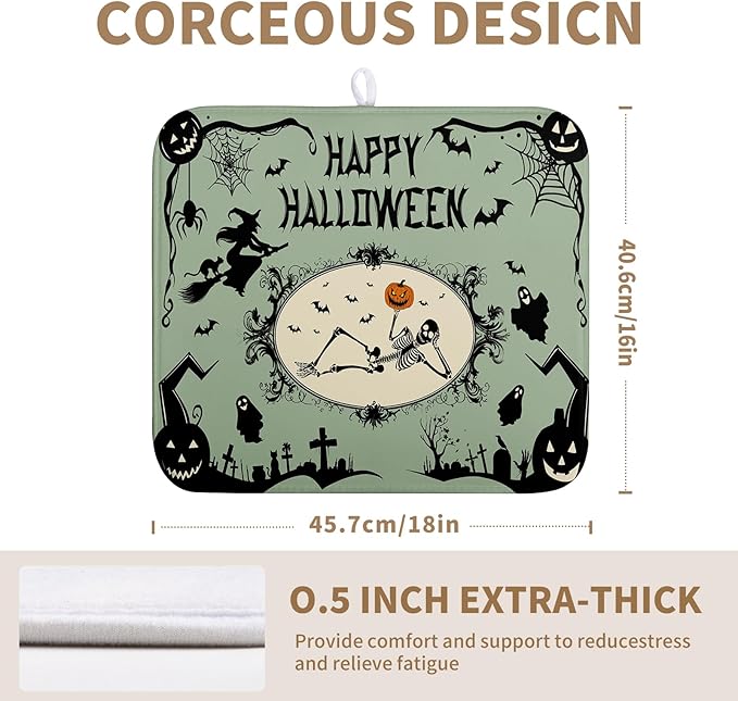 Wnoesat Happy Halloween Dish Drying Mat for Kitchen Counter 16x18 Skull Pumpkin Witch Spider Web Bat Ghost Drying Mats Green Black Absorbent Microfiber Dish Drainer Rack Pad for Coffee Bar