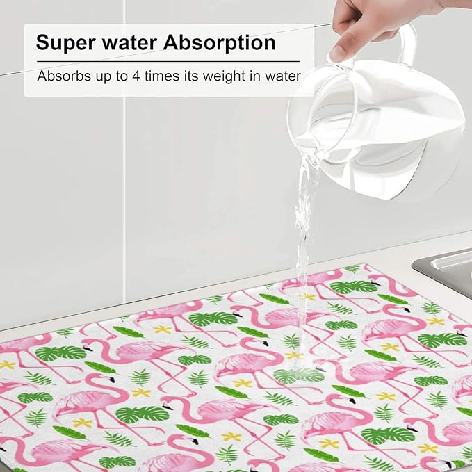 Pink Flamingo Leaf Dish Drying Mat 18x24 For Kitchen Counter Absorbent Microfiber Dishes Pad Dish Drainer Rack Mats Fast Dry Kitchen Accessories