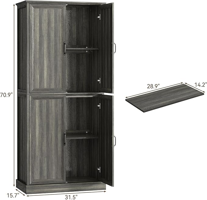 71'' Tall Pantry Cabinet, Farmhouse Kitchen Pantry Storage Cabinet with Barn Door and Adjustable Shelves, Rustic Wood Freestanding Cupboard Storage Organizer for Kitchen, Dining Room, Grey