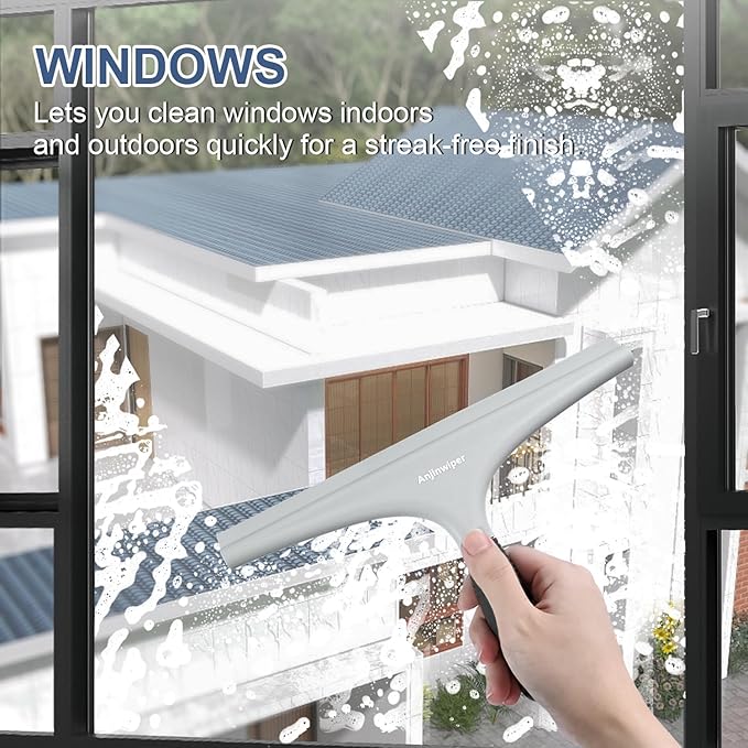 Anjinwiper Silicone Shower Squeegee for Glass Doors with Hook, Window Squeegee for Shower Doors, Kitchen, Mirrors and Tiles, Glass Squeegee Bathroom Shower(10 inch, Gray)