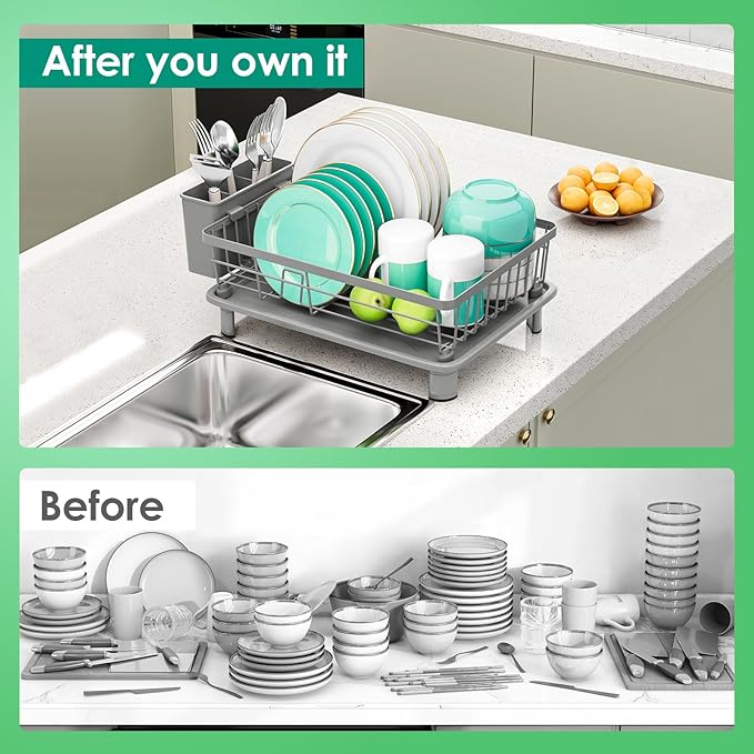 GAOKASE Dish Drying Rack, Space-Saving Dish Rack, Dish Racks for Kitchen Counter, Kitchen Dish Drainers with Removable Utensil Holder,Plate Rack and Drainboard, 11''W x 15''L, Gray